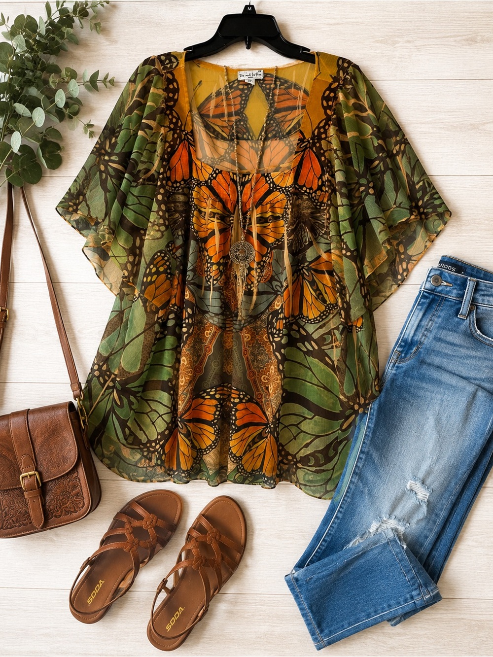 ONE WORLD Olive and Orange Butterfly Sheer Kimono Tunic